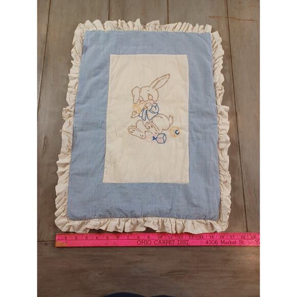 Vintage Embroidered Handmade Bunny Baby Padding Retro Blue Cushion ABC - Picture 4 of 6